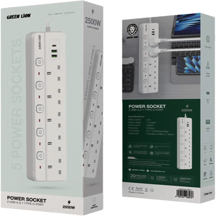 چند راهی برق گرین لاین با پنج خروجی مستقل و درگاه USB برای شارژ دستگاه ها بدنه مقاوم ABS