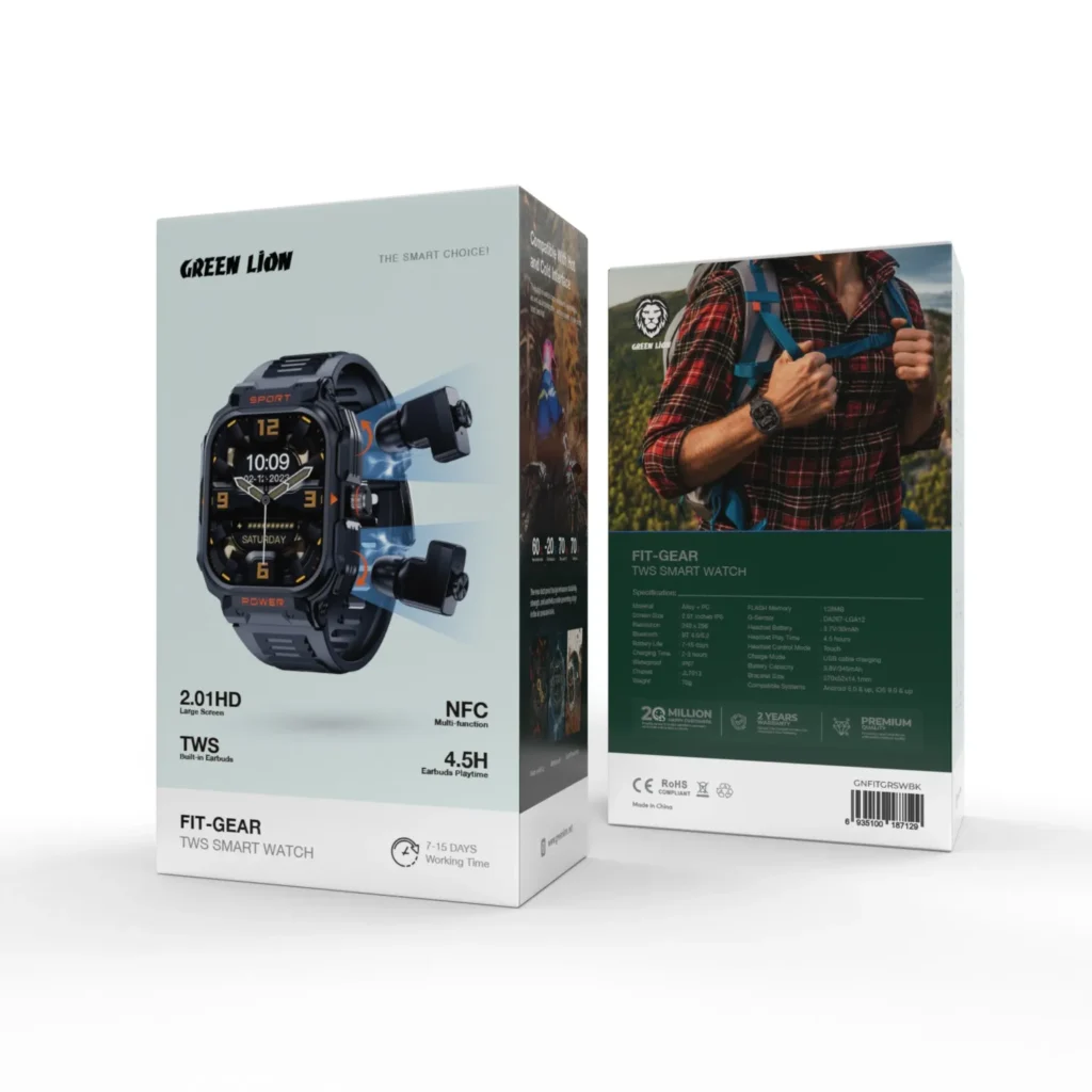 ویژگی‌های ساعت هوشمند هنذفری دار TWS گرین لاین صقحه نمایش IPS 2.01 اینچی و حسگر ضربان قلب .این ساعت با طراحی مقاوم در برابر آب