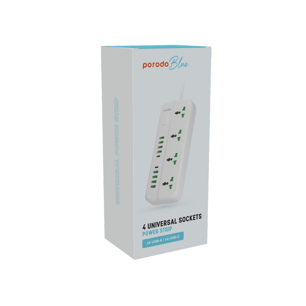 چندراهی برق پرودو بلو با ۱۰ درگاه USB، ۳ پریز برق AC، پشتیبانی از شارژ سریع با پورتهای USB-A و USB-C، طراحی مدرن و کابل ۳ متری با دوشاخه UK 3-Pin