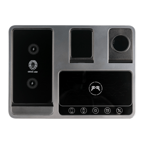 شارژر وایرلس ۴ کاره گرین لاین با قابلیت شارژ همزمان گوشی، ساعت هوشمند و هدفون، به همراه ساعت دیجیتال و نورپردازی قابل تنظیم.