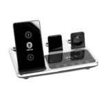 شارژر وایرلس ۴ کاره گرین لاین با قابلیت شارژ همزمان گوشی، ساعت هوشمند و هدفون، به همراه ساعت دیجیتال و نورپردازی قابل تنظیم.